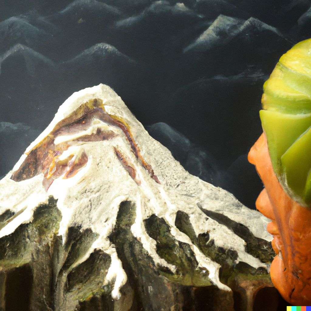 someone gazing at Mount Everest, fruit carving